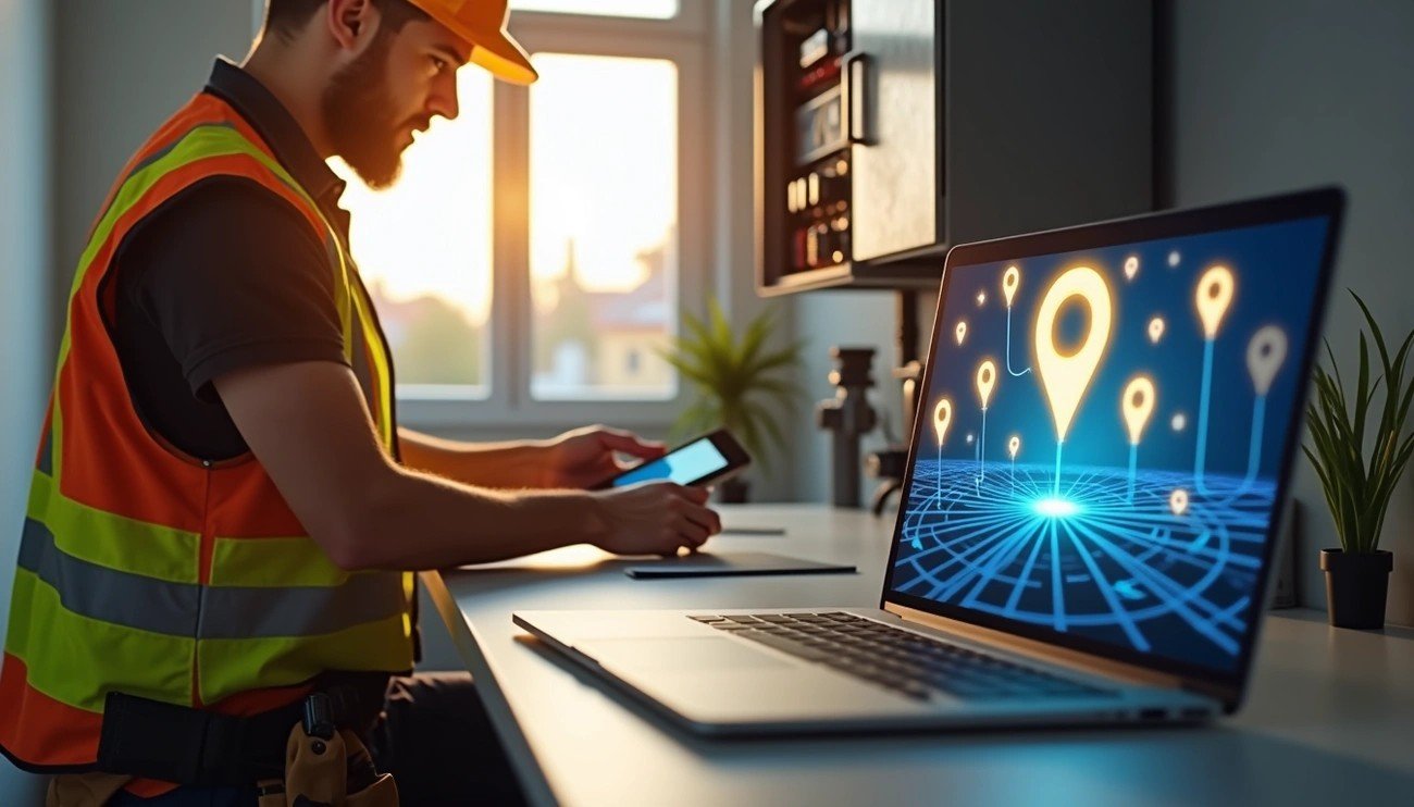 Construction worker in a safety vest and hard hat sits at a desk, using a smartphone while a laptop displays a location-mapping graphic with pins and a glow.