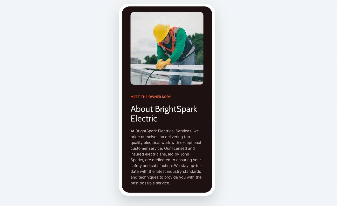 Construction worker in safety gear installing railing on a rooftop; part of BrightSpark Electric's About page.