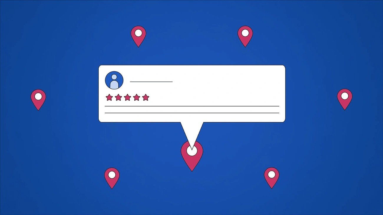 Speech-bubble review card centered on a map of location pins, showing a user avatar and five-star rating on a blue background.