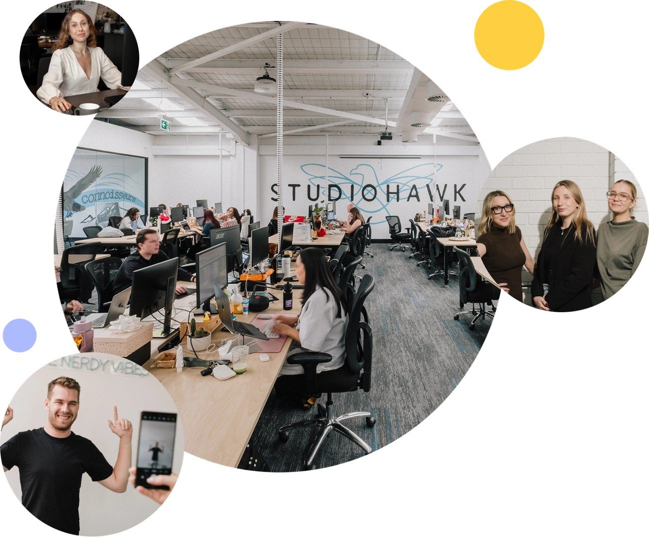 Open-plan office with teams at desks; collage layout with circular cutouts showing coworkers and a pinky yellow accent circle, conveying a collaborative workspace.