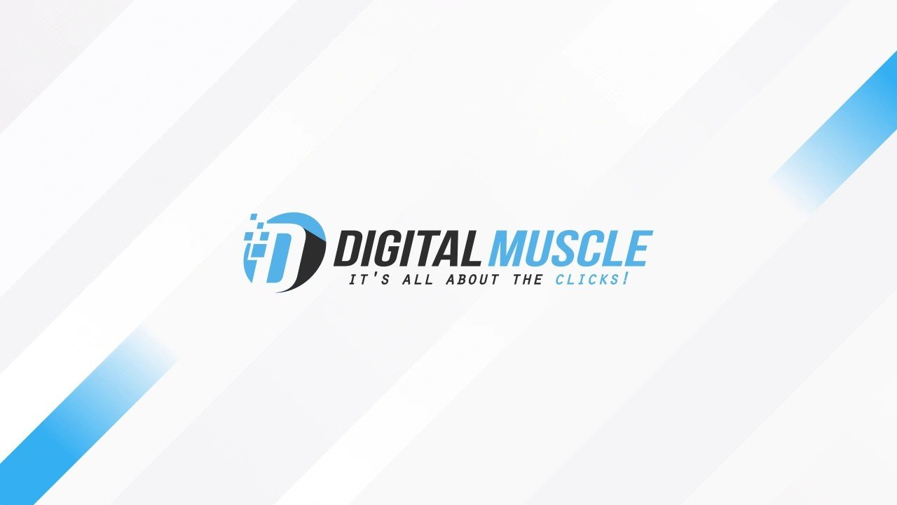 Digital Muscle logo with blue and black typography and the tagline "It's all about the clicks!" on a diagonal white background with blue accents