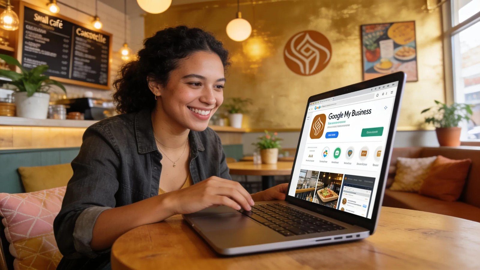 Small business owner optimizing Google My Business profile in a cozy Newcastle café