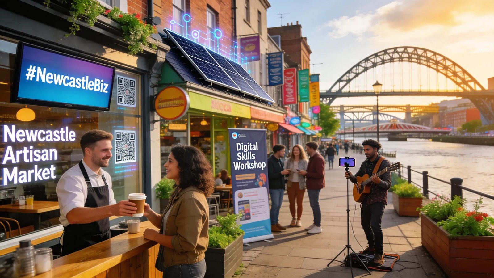 Newcastle cityscape highlighting local businesses and digital marketing interactions