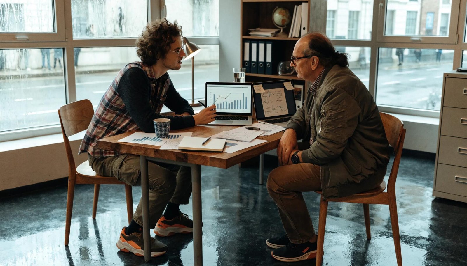 SEO consultant and business owner collaborating on digital marketing strategies in a professional office.