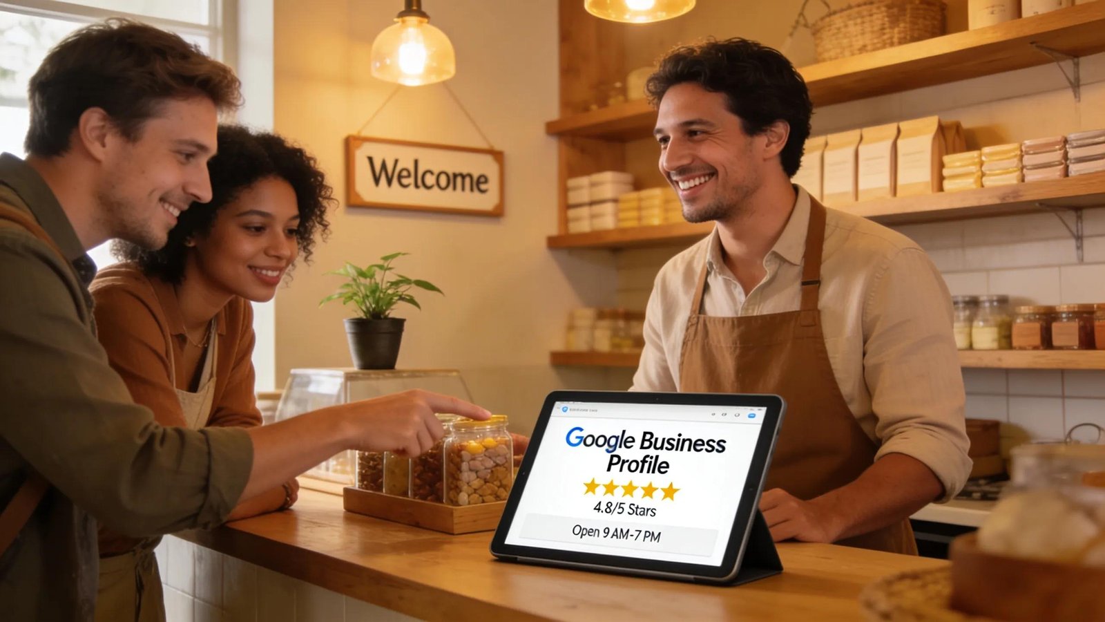 Business owner interacting with customers while showcasing a Google Business Profile on a device