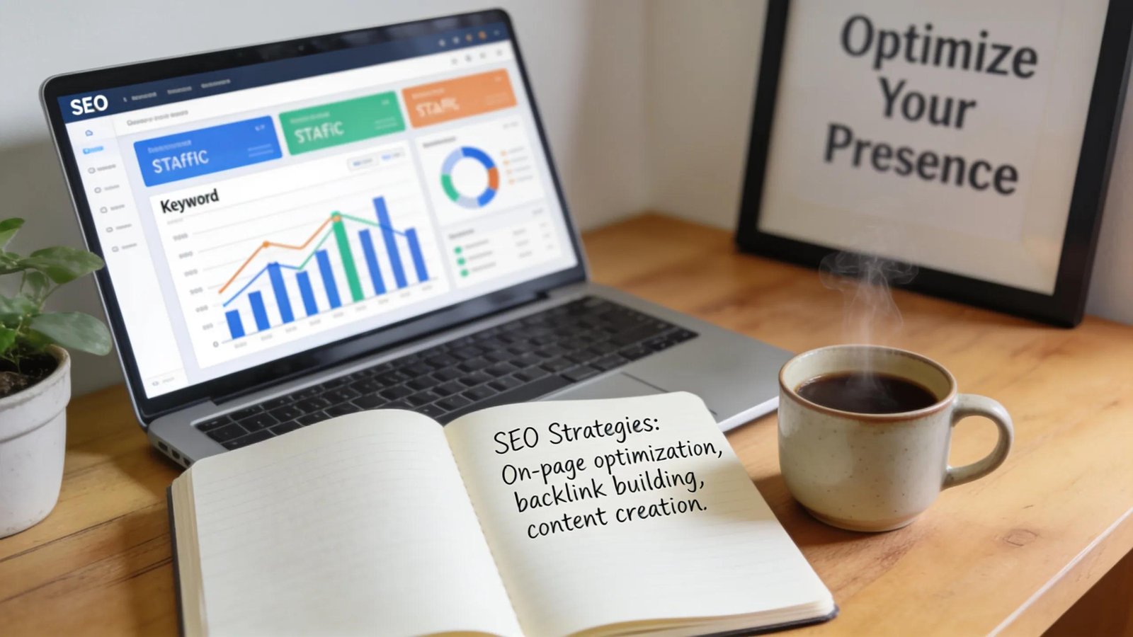 Professional workspace with digital marketing tools illustrating SEO optimization for local businesses