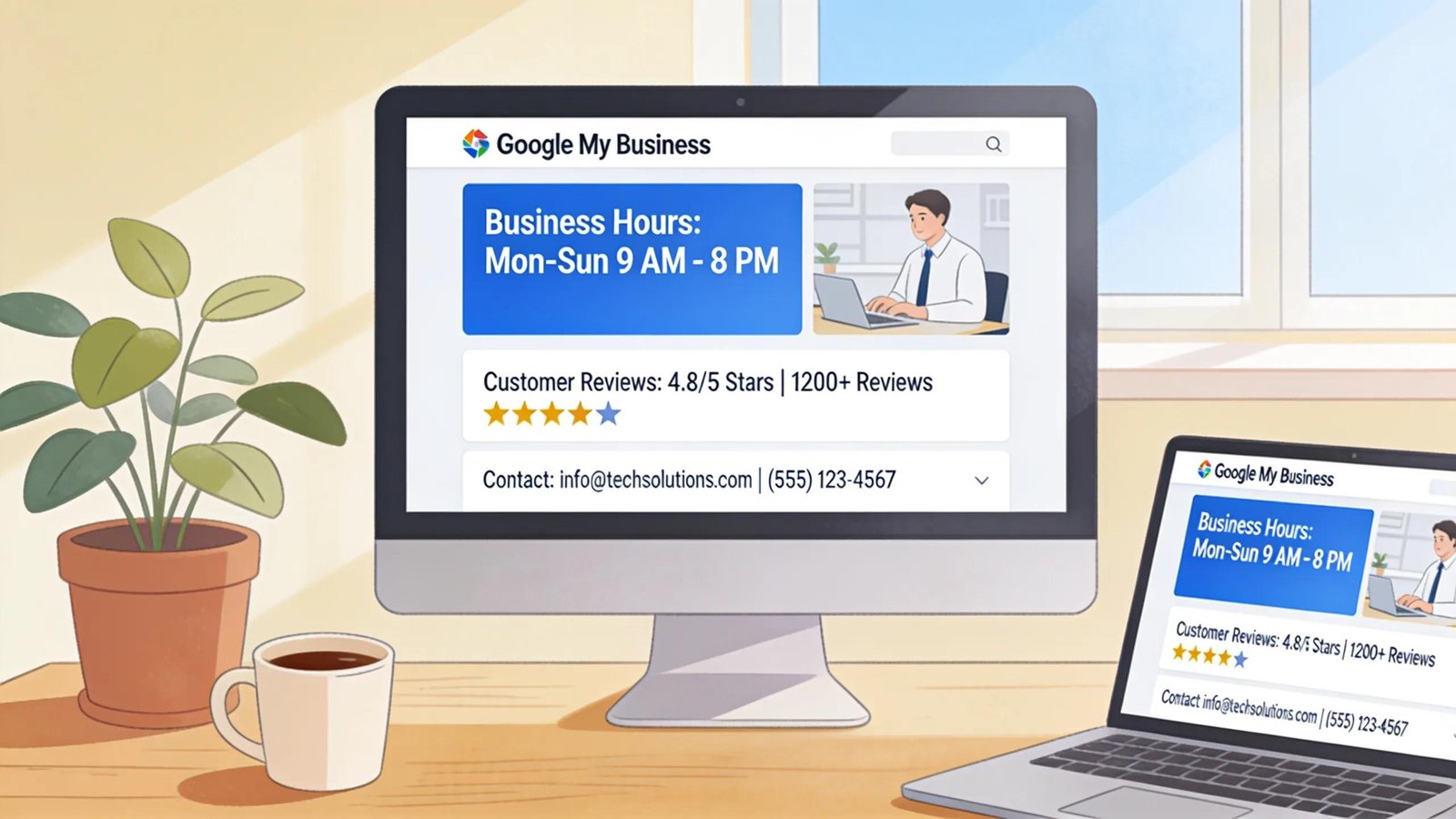 Computer displaying an optimized Google My Business profile, highlighting features that enhance local visibility.