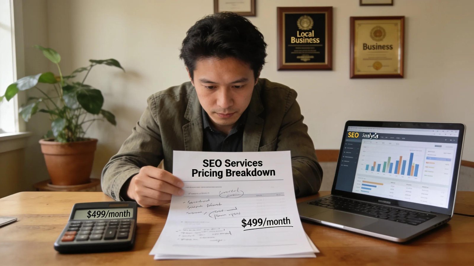 Business owner analyzing SEO service pricing in a cozy office space
