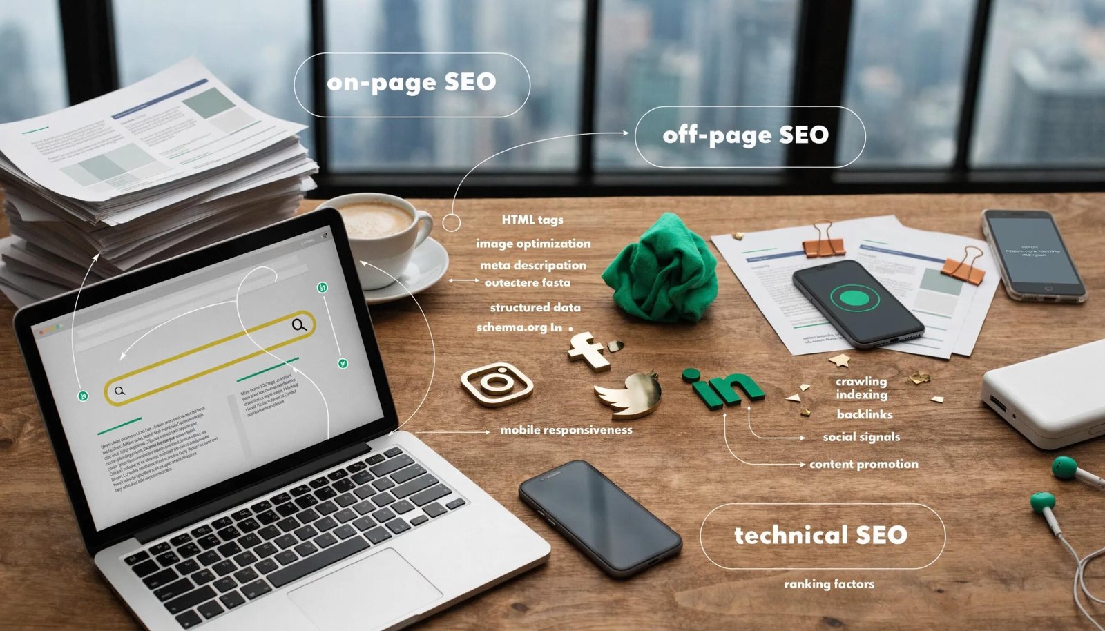 Visual representation of on-page, off-page, and technical SEO components enhancing search optimization