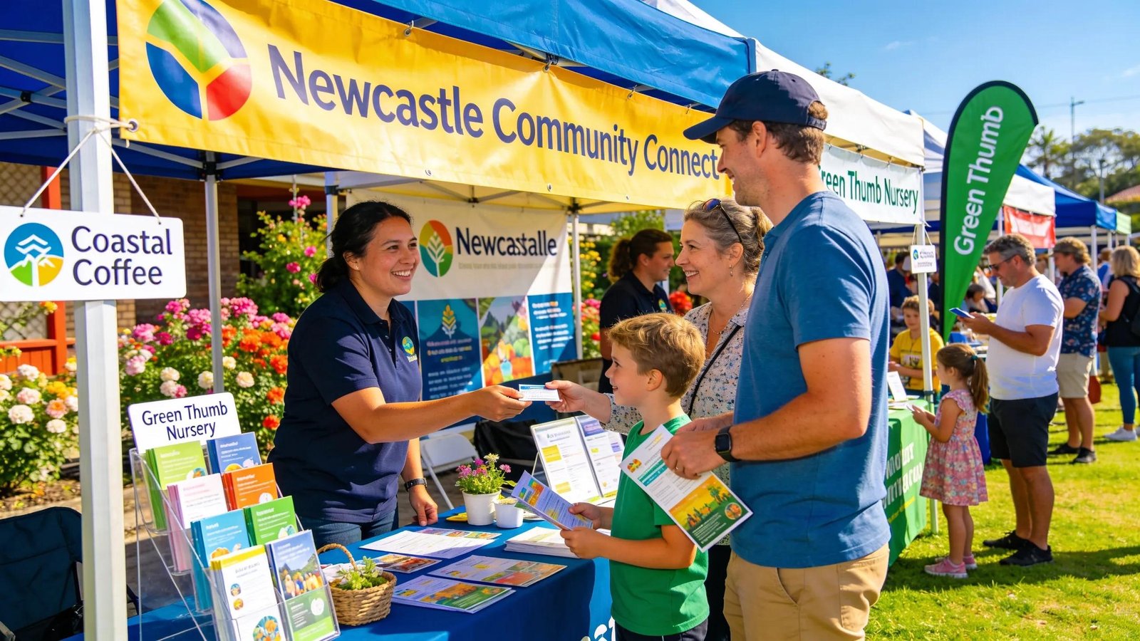 Community event in Newcastle showcasing local businesses collaborating for link building and engagement
