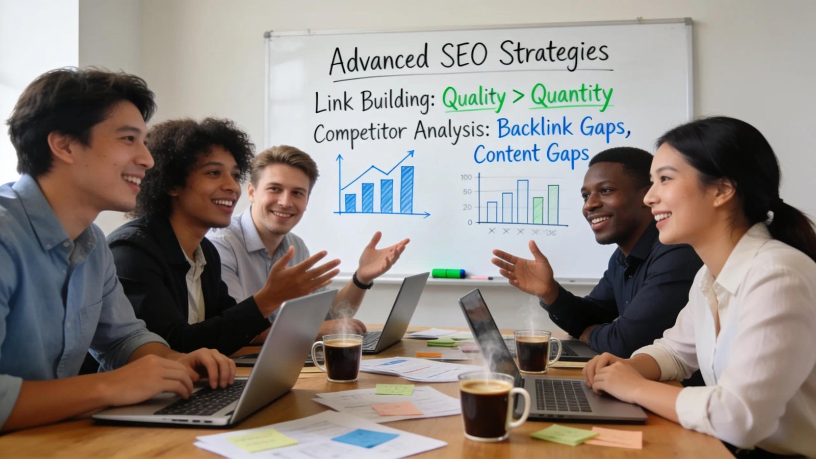Team collaborating on SEO strategies