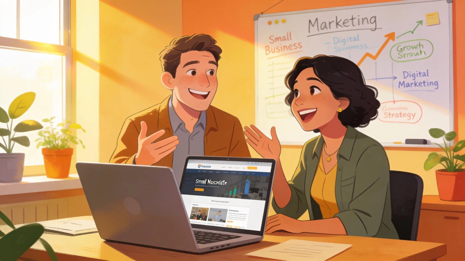 Small business owner consulting with an SEO expert in a bright office, emphasizing digital marketing growth