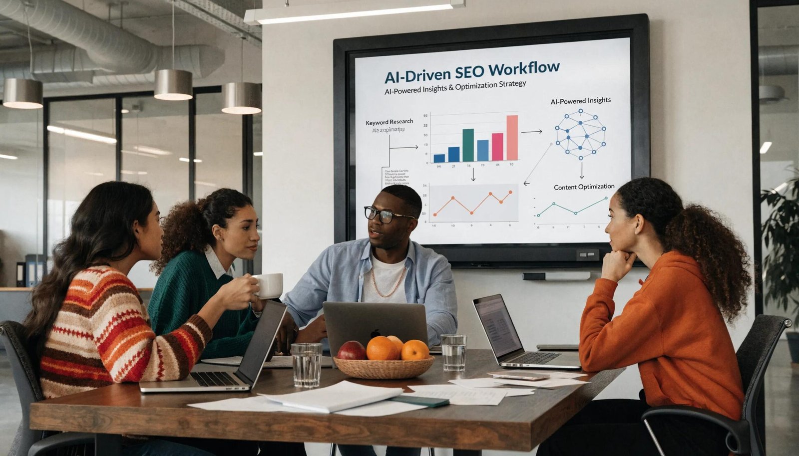 Team collaborating on AI-driven SEO strategy using visual diagrams for effective implementation