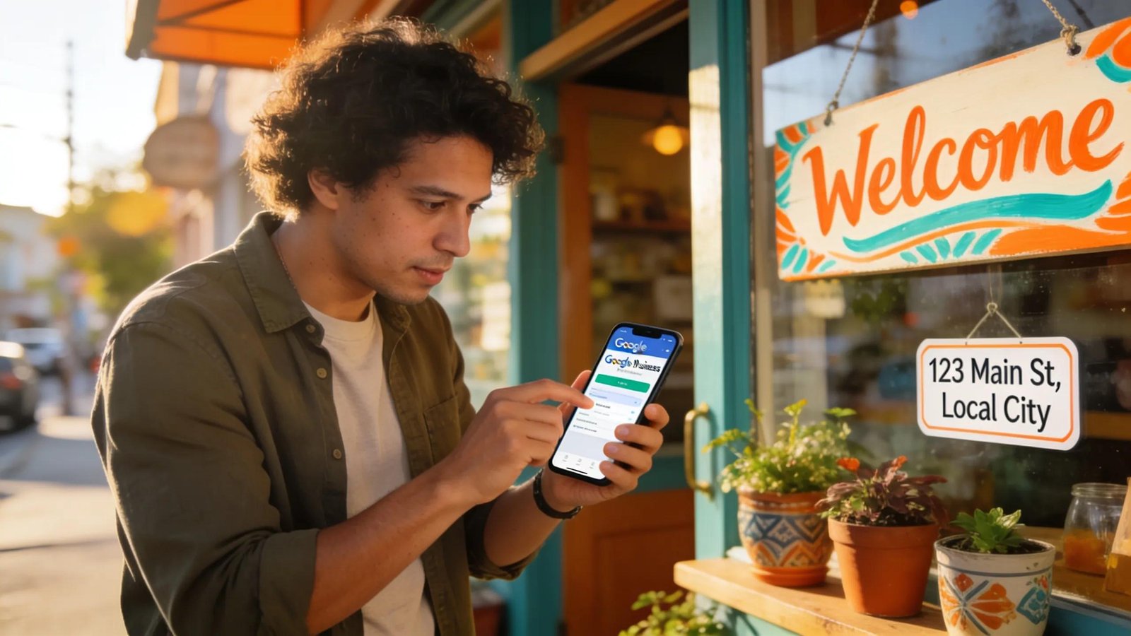 Business owner updating Google My Business for improved local visibility