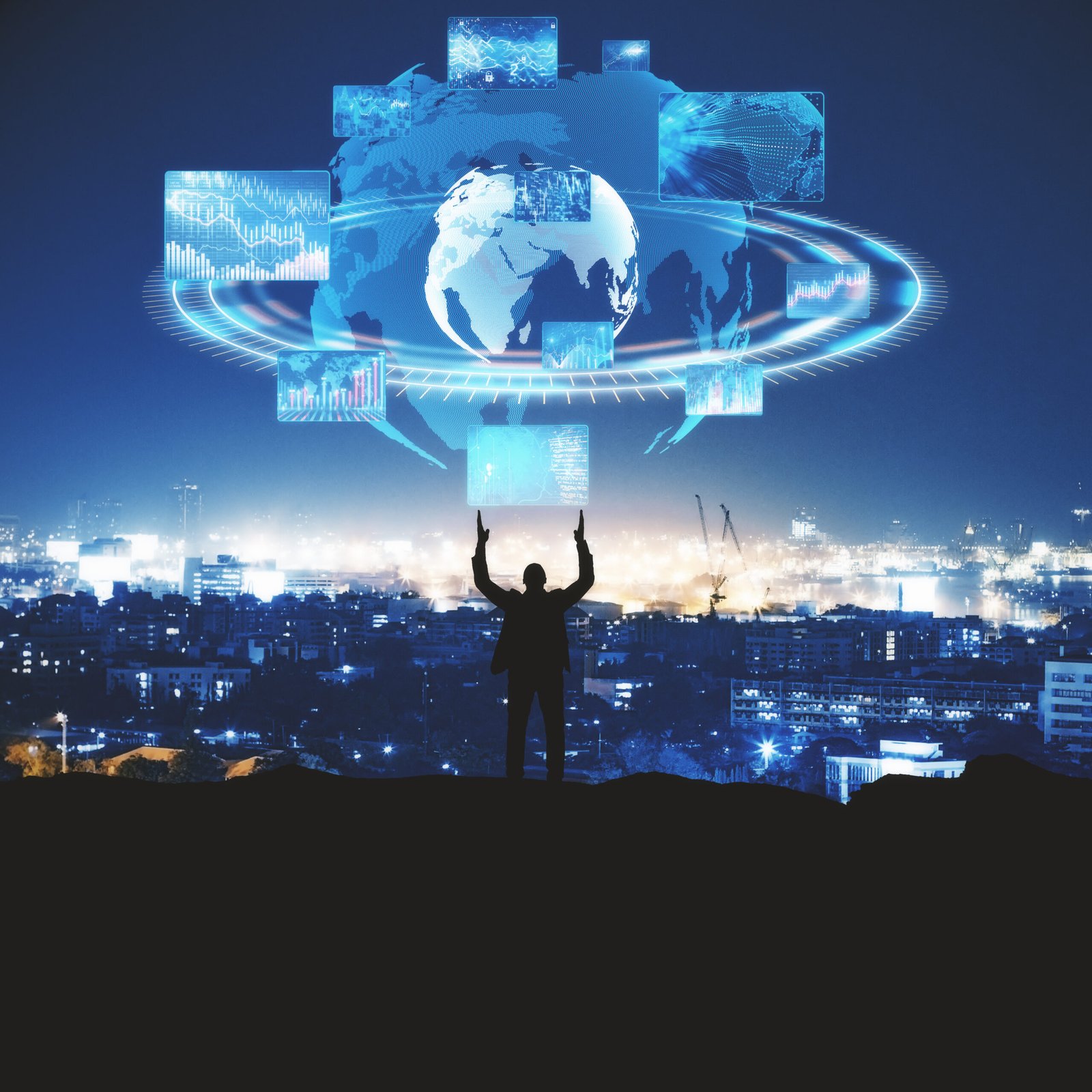 Silhouette of a man against a city skyline, with a digital globe and data visualizations, representing global digitalization and SEO strategies for Australian businesses in 2026.